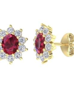 Gold Ruby & Diamond Cluster Stud Earrings